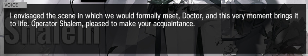 I envisaged the scene in which we would formally meet, Doctor, and this very moment brings it to life. Operator Shalem, pleased to make your acquaintance.